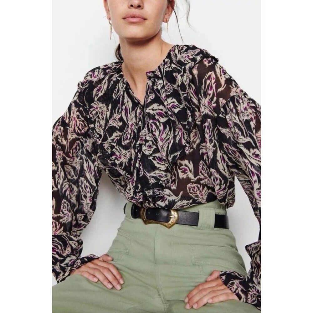 BA&SH Genny Blouse Leaf Print Ruffle Detail Black, Purple, Ivory, Sz S